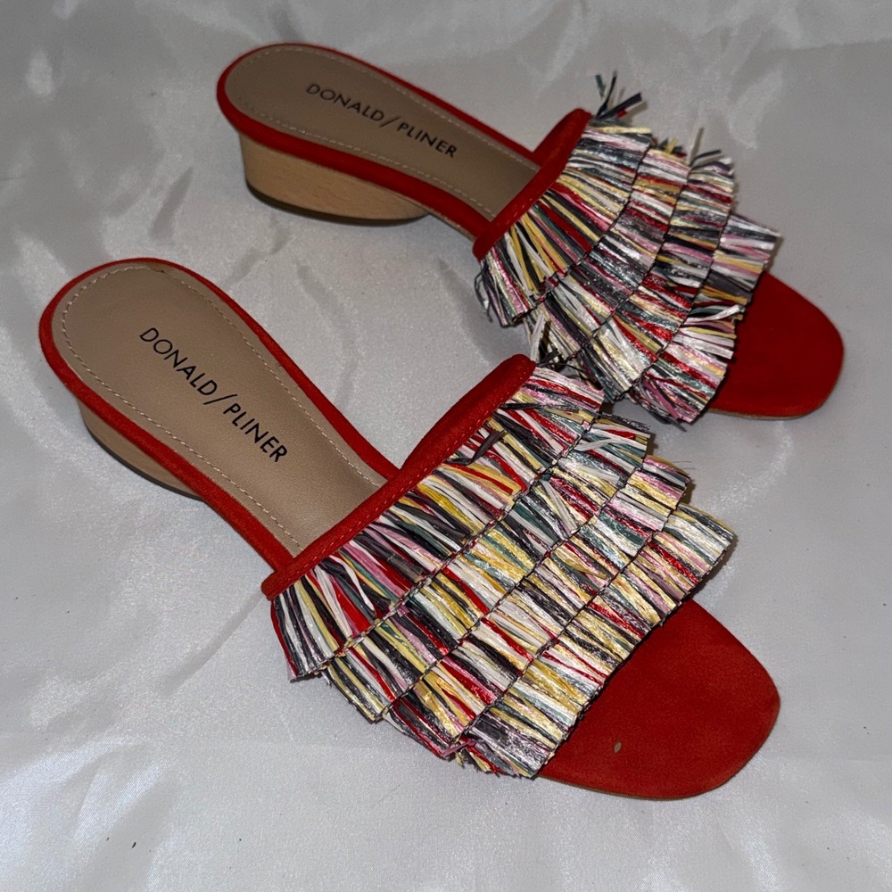 Donald Pliner Reise Red Suede Multicolor Raffia Fringe Slide Sandals Women 5.5M